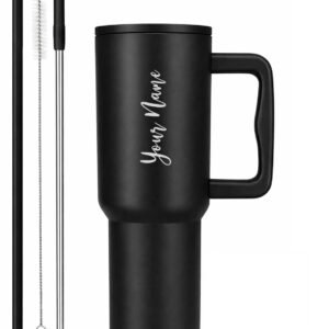 Black Personalized Name Tumbler with Handle & Straw