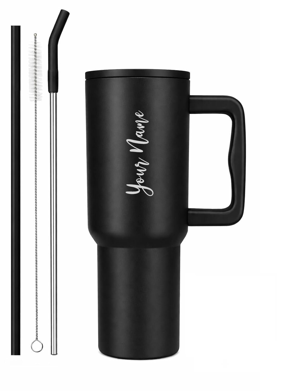 Black Personalized Name Tumbler with Handle & Straw