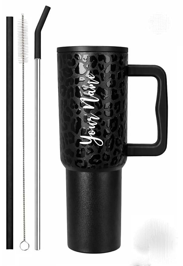 Black Personalized Name Tumbler with Handle & Straw - Image 7