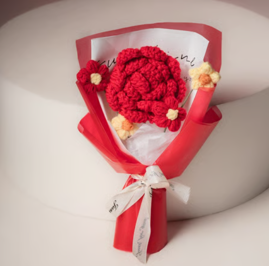 Handmade Red Rose & Daisy Crochet Flower Bouquet - Image 7