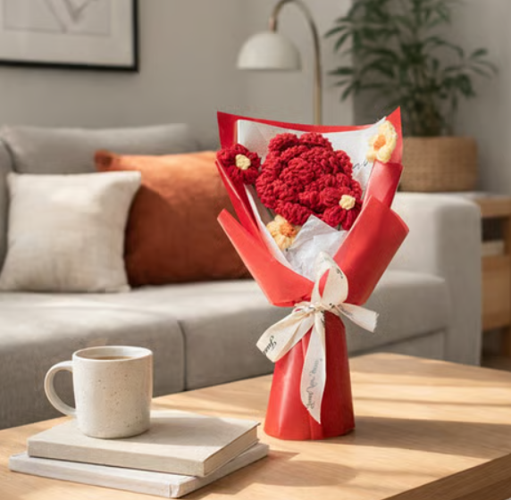Handmade Red Rose & Daisy Crochet Flower Bouquet - Image 6