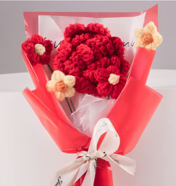Handmade Red Rose & Daisy Crochet Flower Bouquet - Image 4