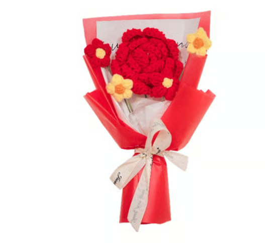 Handmade Red Rose & Daisy Crochet Flower Bouquet - Image 2